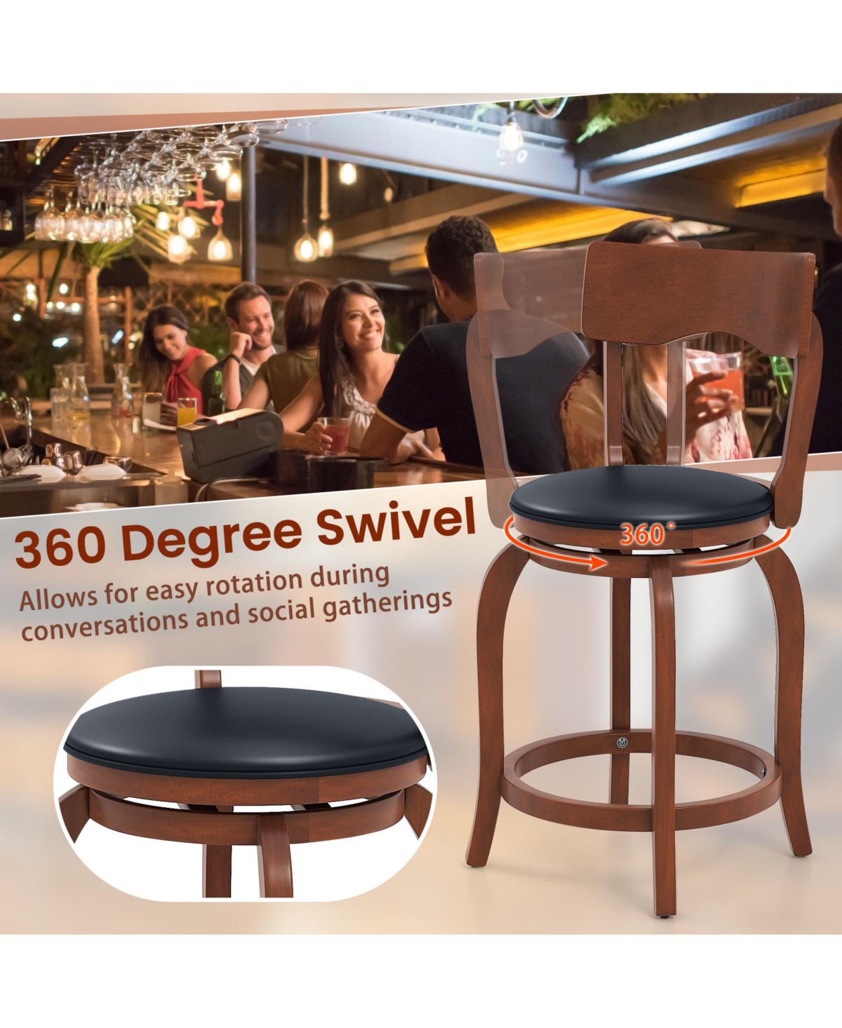 Gouun Swivel Bar Stools Set of 2 with Rubber Wood Frame and Upholstered Seat-24