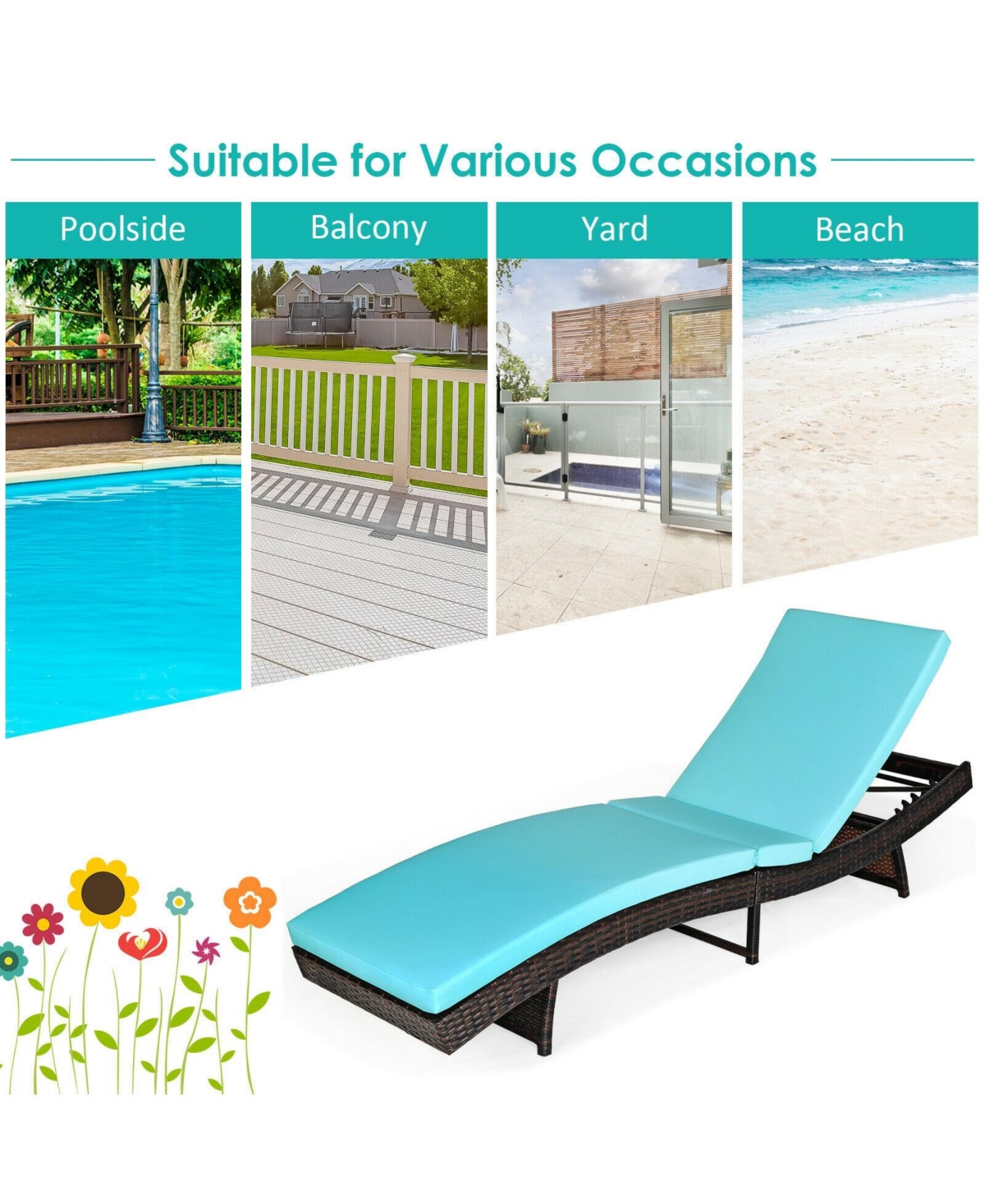 Gouun Patio Folding Adjustable Rattan Chaise Lounge Chair with Cushion -aqua