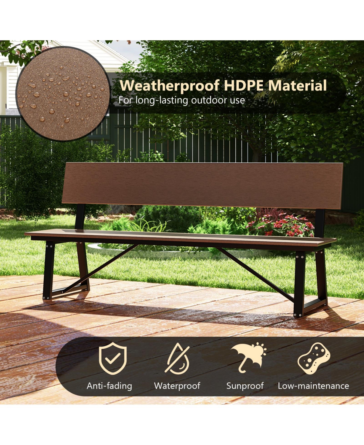 Gouun Extra Long Bench with All-Weather Hdpe Seat & Back for Yard Garden Porch