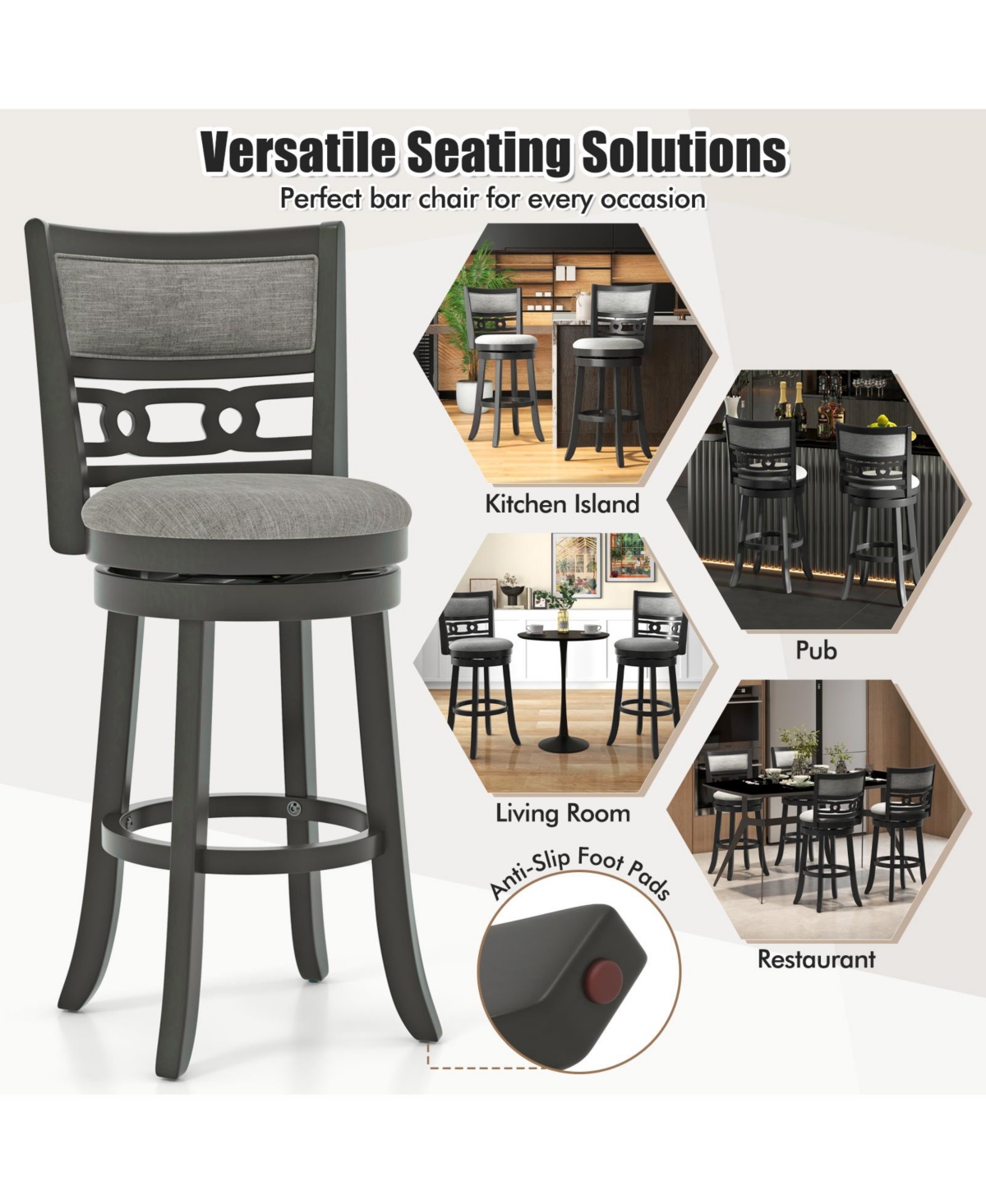 Gouun Bar Height Bar Chair with Wooden Frame Swivel Seat and Footrest for Pub Bar Restaurant-1 Piece