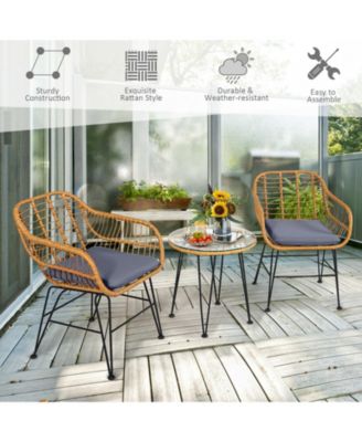 3 Pieces Rattan Furniture Set with Cushioned Chair Table