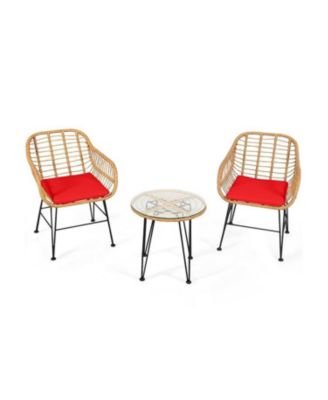 3 Pieces Rattan Furniture Set with Cushioned Chair Table