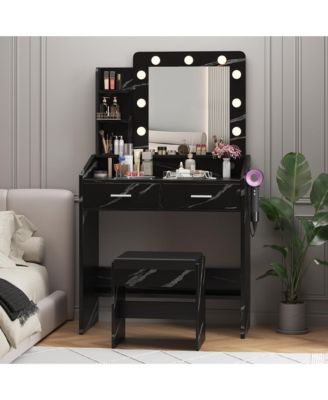 Vanity Desk with Mirror and Lights, Makeup Vanity with Power Outlet & Cushioned Stool