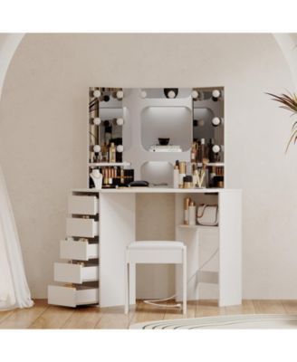 Vanity Desk with Mirror and Lights, Corner Makeup Vanity Desk