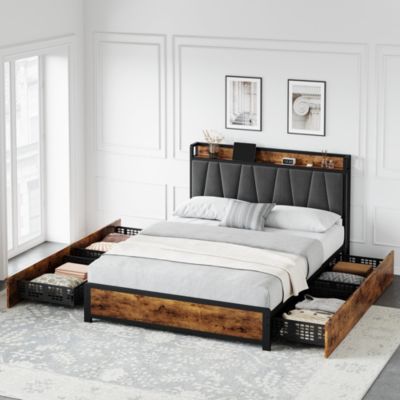 Queen Size Bed Frame with Upholstered Storage Charging Headboard, Heavy Duty Metal Platform Bed Frame with 4 Storage Drawers, Noise Free, No Box Spring Needed