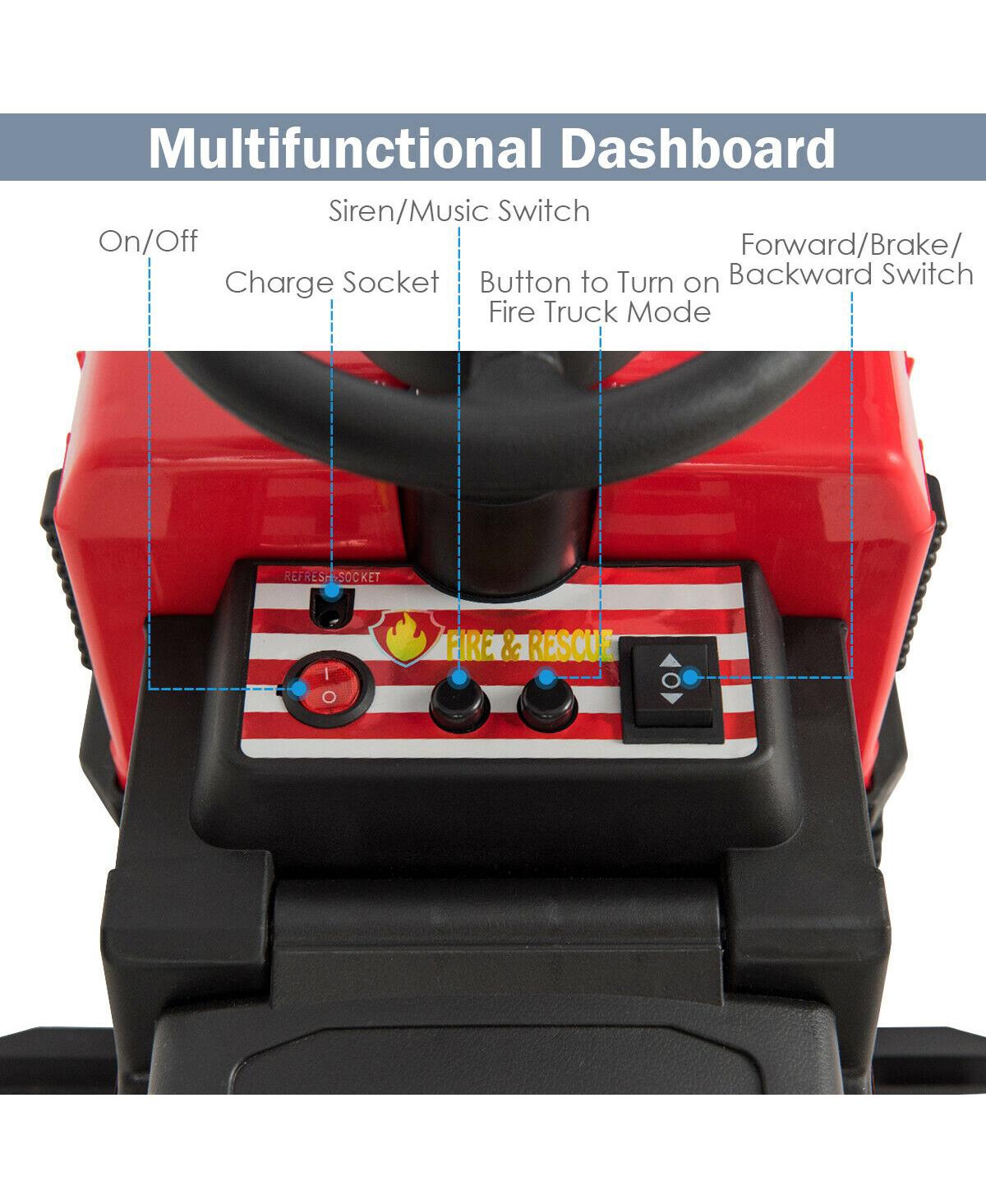 Gymax Kids 6V Ride On Fire Truck Fire Engine Battery Powered w/ Siren - Red+black