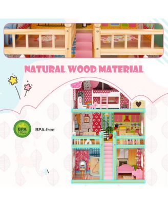 Kids Wooden Dollhouse Toddler DIY Pretend Playhouse w/ 15 Furniture Accessories