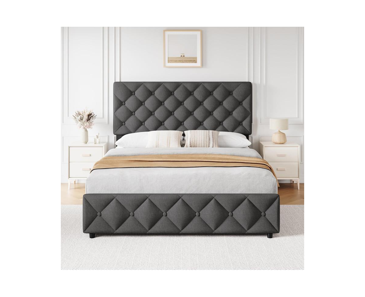 gaomon Size Bed Frame with 4 Storage Drawers, Linen Upholstered Platform Bed Frame with Adjustable Headboard, Diamond Stitched Button Tufted, No