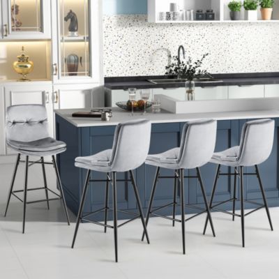 4 PCS Velvet Bar Stools Bar Height Dining Chairs w/ Metal Legs Kitchen