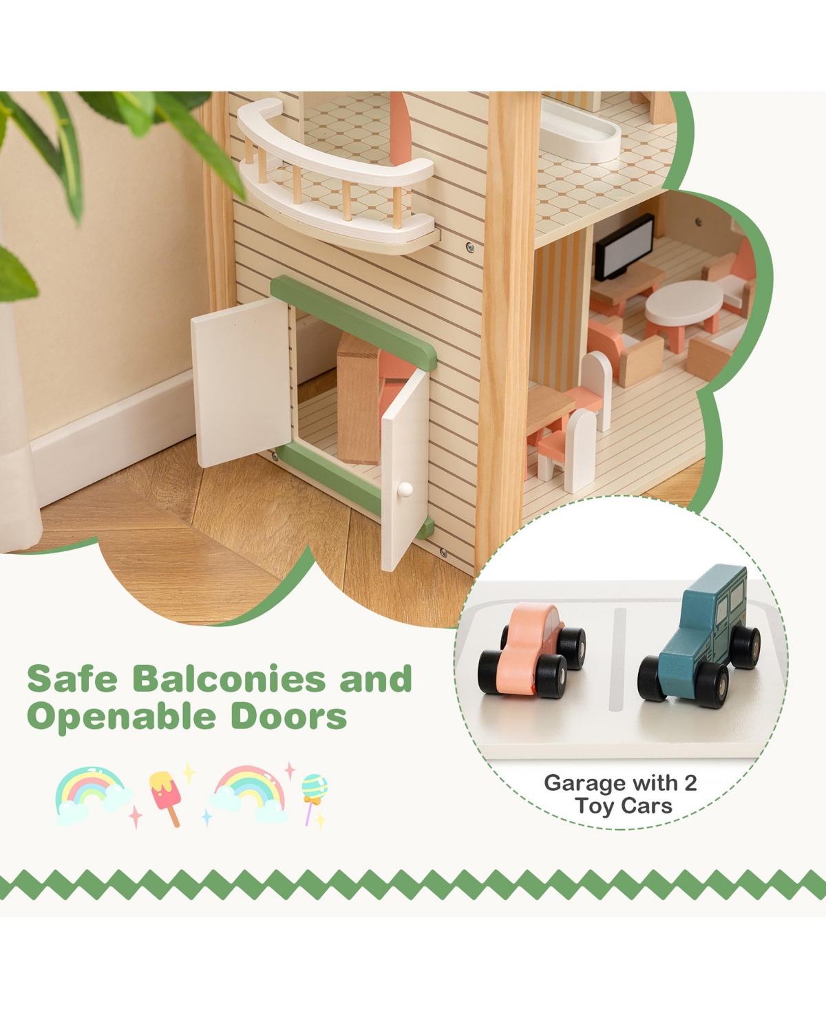 Gymax Wooden Corner Dollhouse Playset with 36 Pieces of Furniture and Accessories - Green+natural