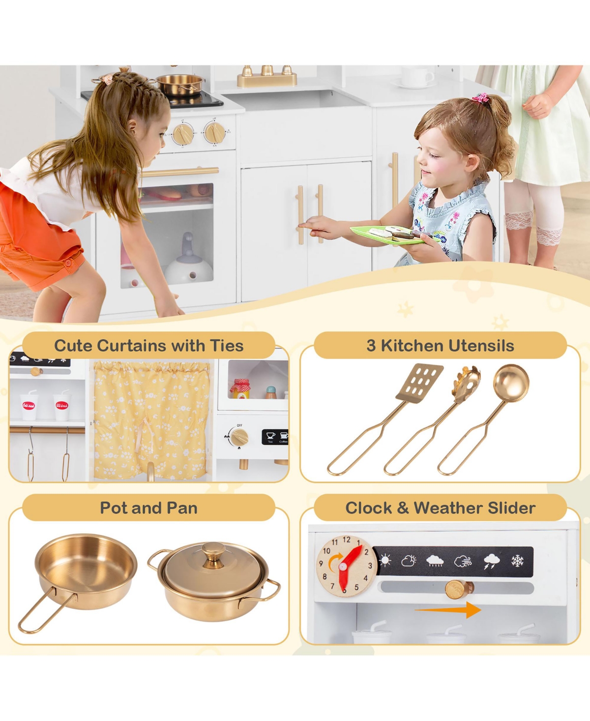 Gymax Pretend Play Kitchen for Kids w/ Coffee Maker Sink Faucet Stove Water Dispenser - White+black+golden