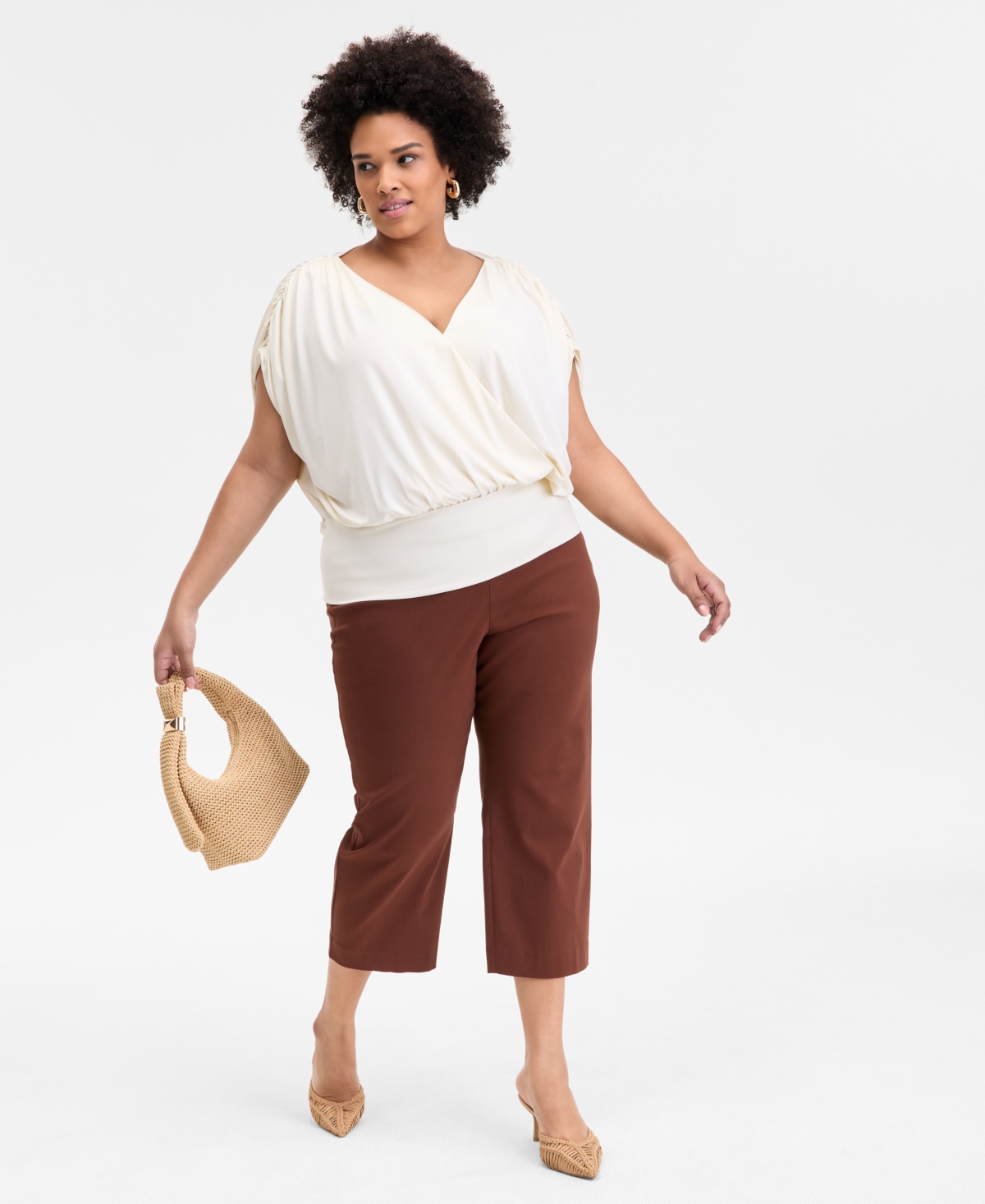 Inc International Concepts Inc Plus Size Printed Ruched Surplice-neck Top, Exclusively At Macy's In Vintage Cream