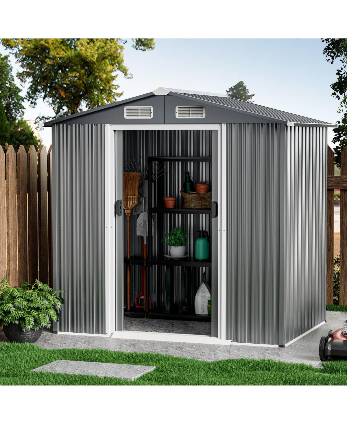 Gouun 6 x 4 Feet Galvanized Steel Storage Shed with Lockable Sliding Doors
