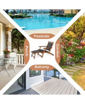 Patio Rattan Folding Lounge Chair with Acacia Wooden Frame Retractable Footrest