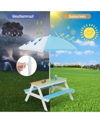3-in-1 Kids Outdoor Picnic Water Sand Table with Umbrella Play Boxes