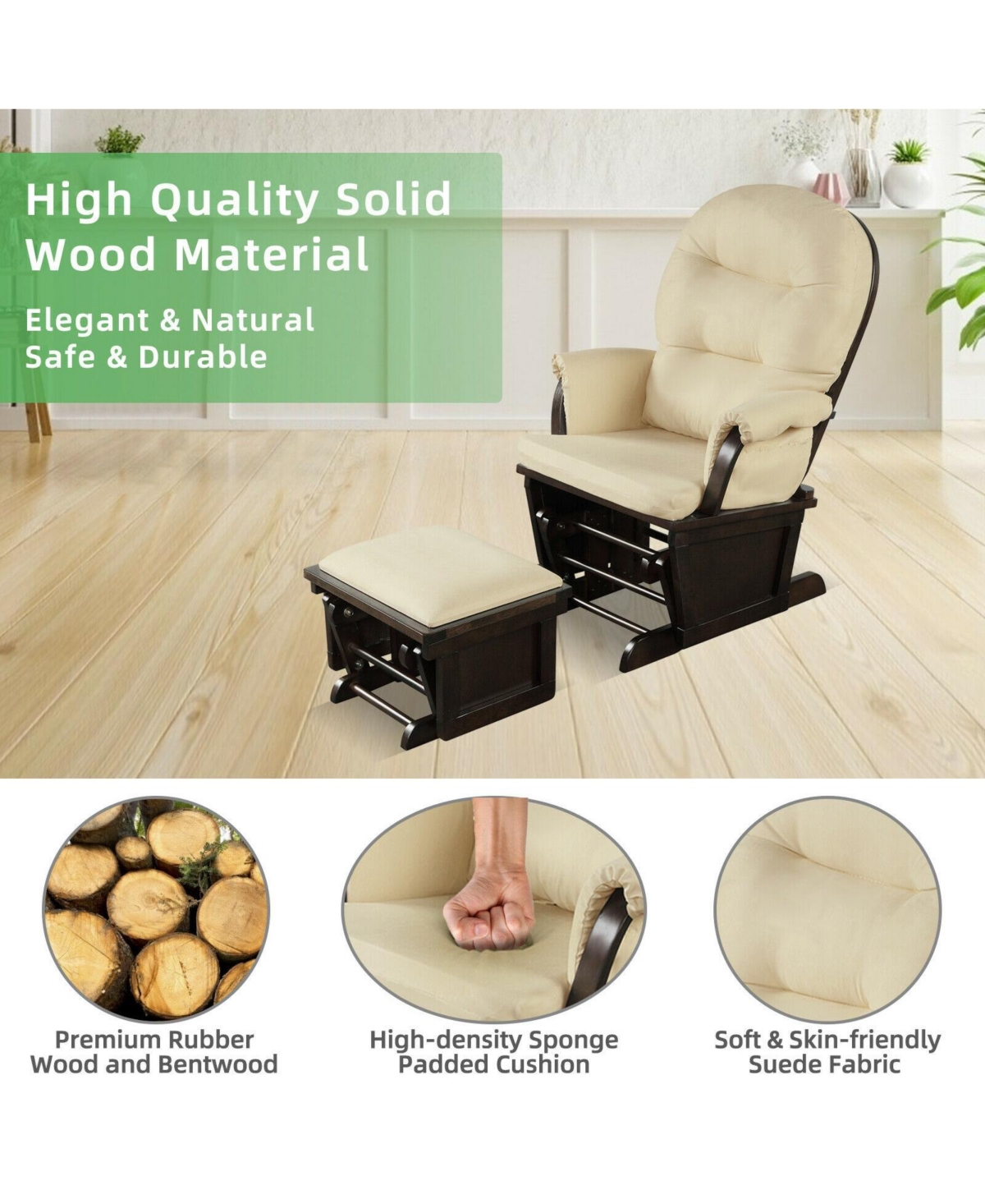 Gouun Wood Baby Glider and Ottoman Cushion Set with Padded Armrests for Nursing -khaki