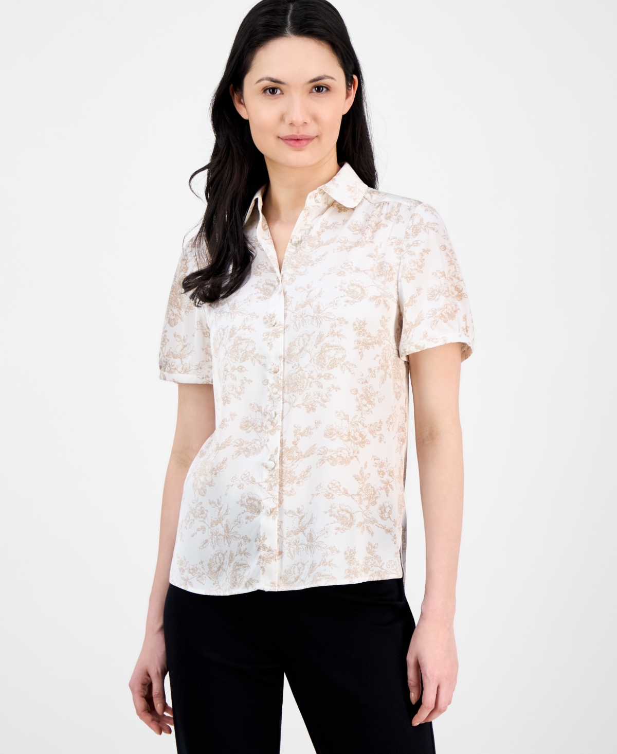 Shop Anne Klein Women's Floral-print Short-sleeve Collared Blouse In White Dove,coffee Cream