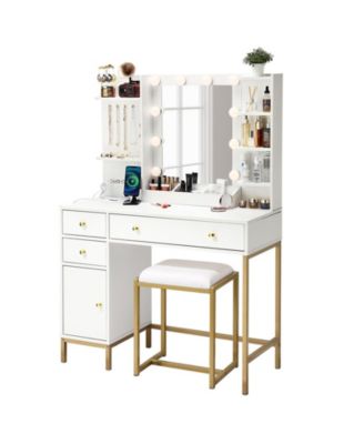 anity Desk with Mirror, Makeup Vanity Table with Chair & Charging Station
