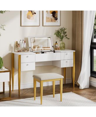 Makeup Vanity Desk with Flip Top Mirror and Lights, 47 3 in 1 Vanity Table with 5 Drawers