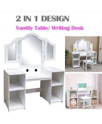 Kids Vanity Table, Girls Vanity Withtouch Light Detachable Tri-Folding Mirror