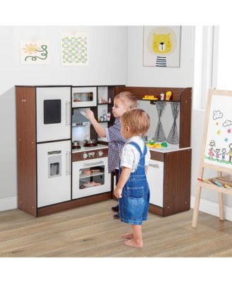 Wooden Corner Play Kitchen w/ Lights & Sounds Water Circulation System for Kids