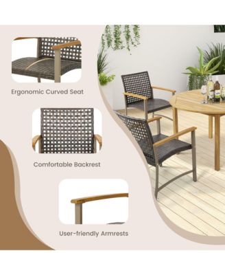 Outdoor Rattan Chair Set of 4 Patio PE Wicker Dining Chairs w/ Acacia Wood Armrests Balcony Poolside