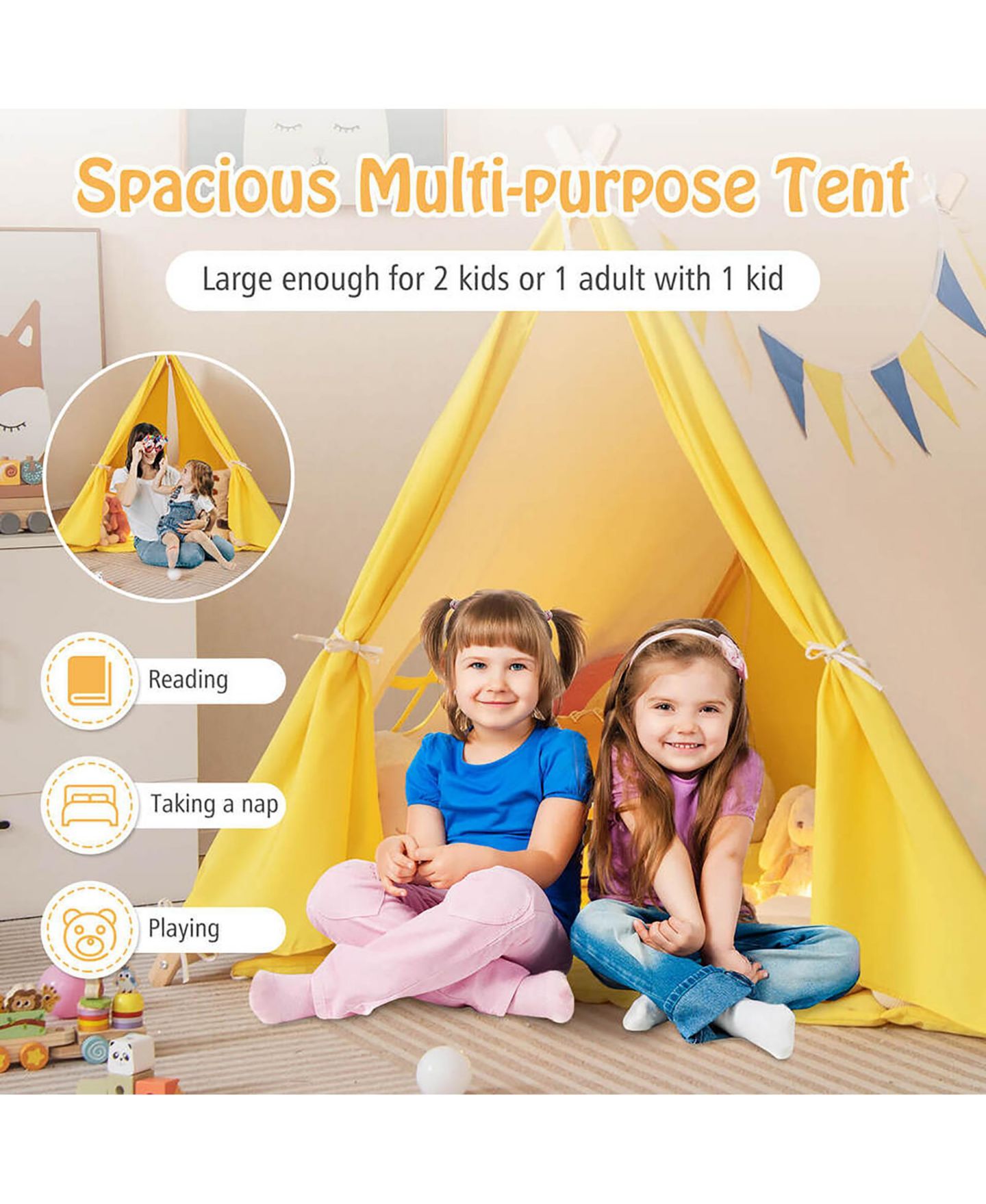 Детская игрушка Gymax Triangular Kids Play Tent with Solid Wood Frame, Ages 3+, цвет: Жёлтый — фото 7
