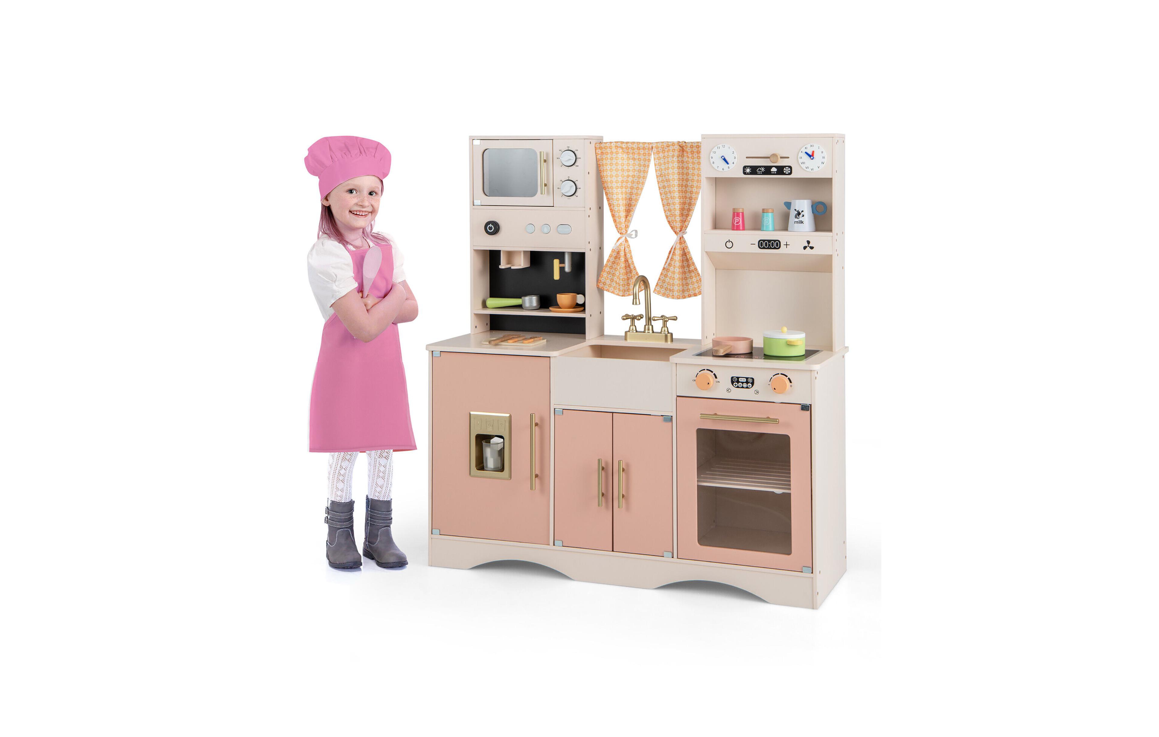 Gymax Kids Play Kitchen Pretend Playset w/ 2 Curtains & 16 Pcs Play Accessories Pink