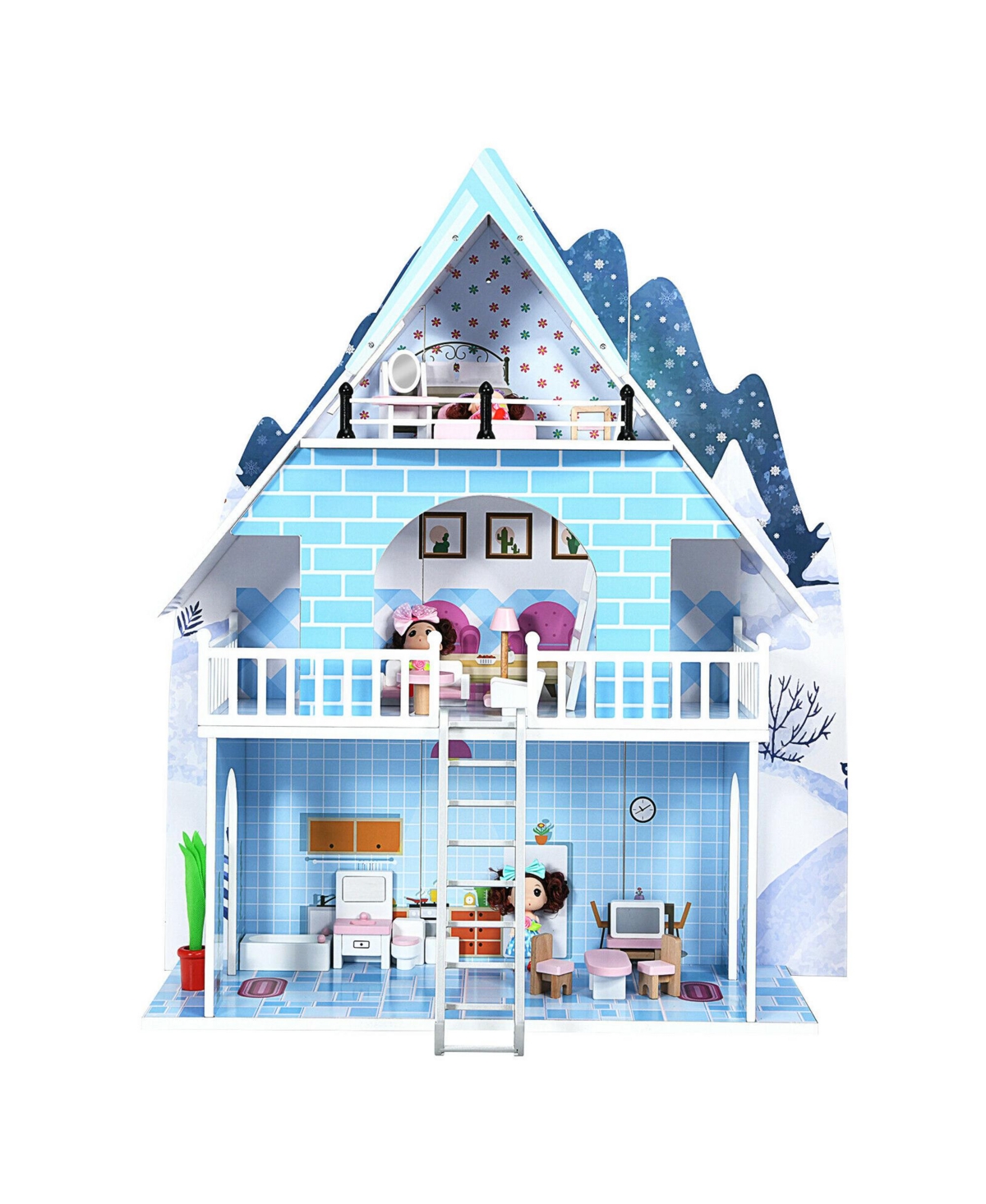 Gymax Wooden Dollhouse 3-Story Pretend Playset W/ Furniture & Doll Gift for Age 3+ Year - Blue+white