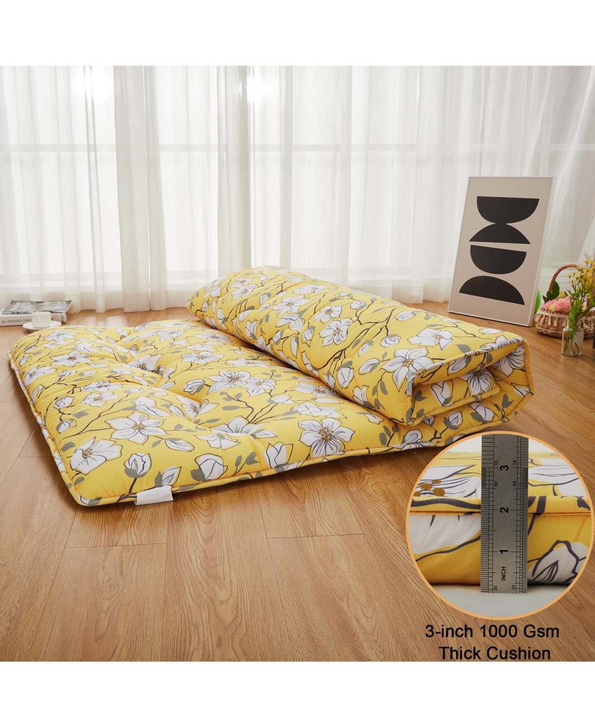 gaomon Japanese Floor Mattress, Size Futon Mattress, Thick Tatami Roll-Up Mattress for Camping & Guest Room,Flower Design - Yellow