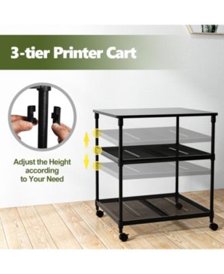 3 Tier Printer Stand Rolling Fax Cart with Adjustable Shelf and Swivel Wheels