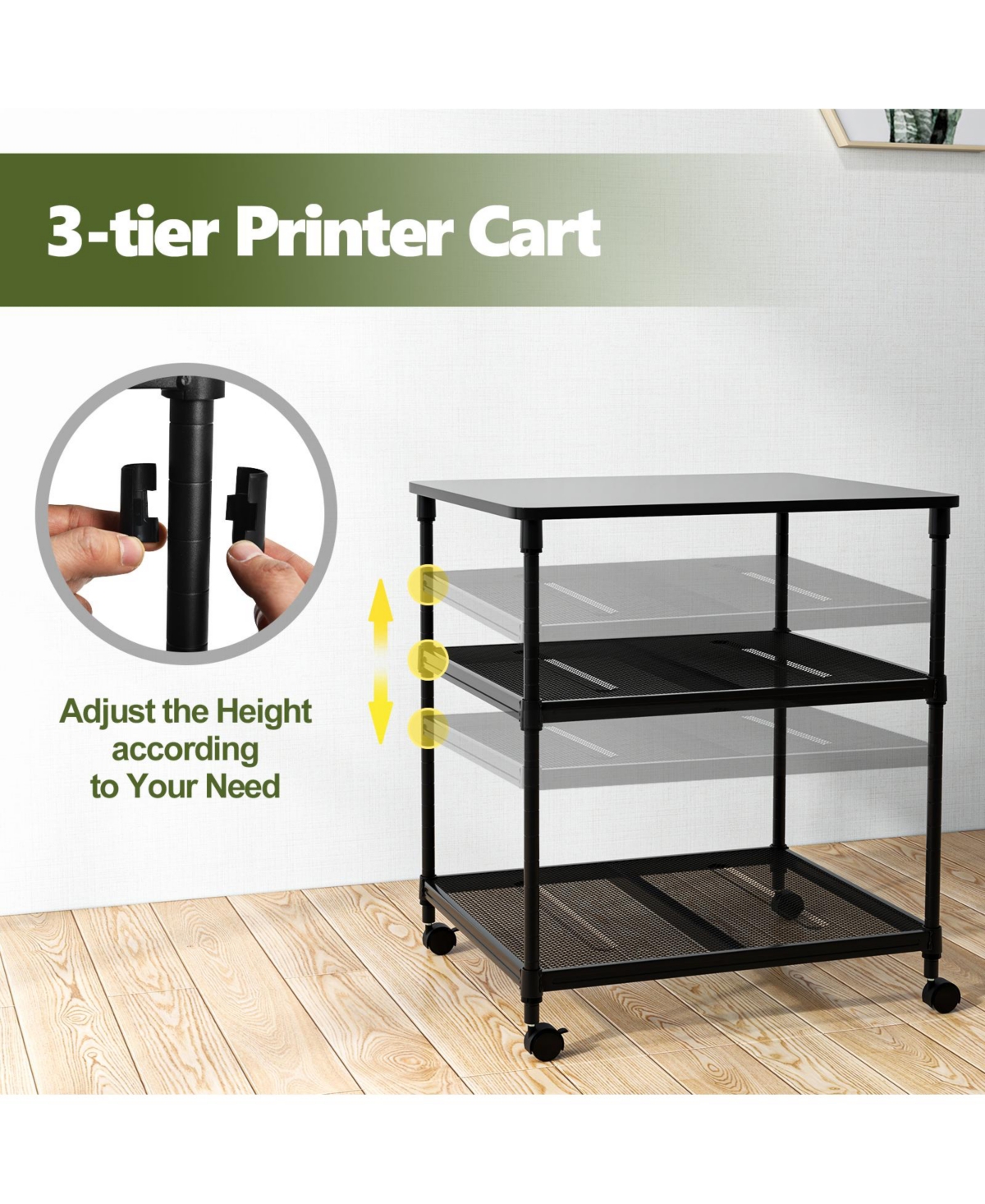 Gouun 3 Tier Printer Stand Rolling Fax Cart with Adjustable Shelf and Swivel Wheels