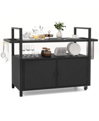 Outdoor Bar Cart Rolling Wicker Buffet Serving Cart with Tempered Glass Top Storage Cabinet and 8 Hooks