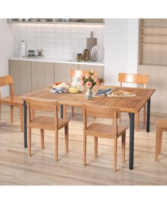 Patio Acacia Wood Dining Table with Umbrella Hole and Metal Legs