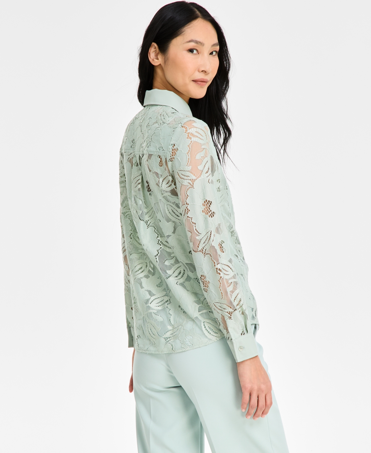 Anne Klein Womens Collared Lace Button Front Shirt Liberty Stretch High Rise Wide Leg Pull On Pants In Soft Aloe
