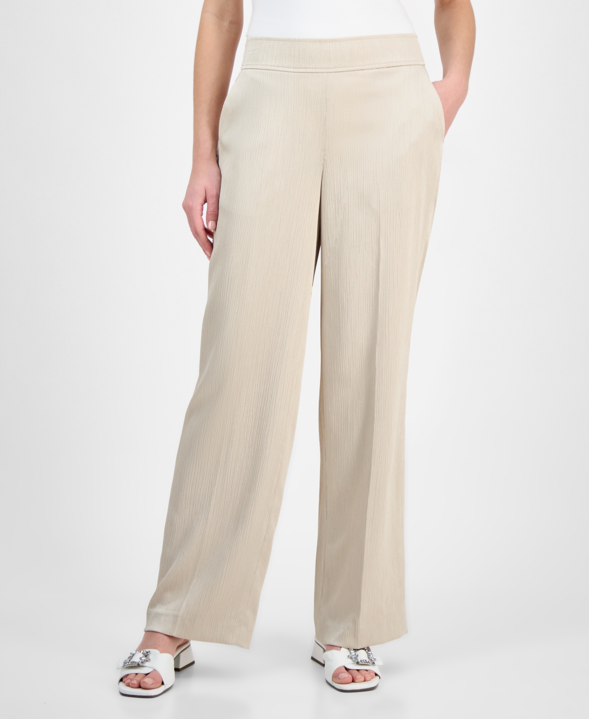 Anne Klein Women's Crinkled Satin Pull-on Wide-leg High Rise Pants In Canvas