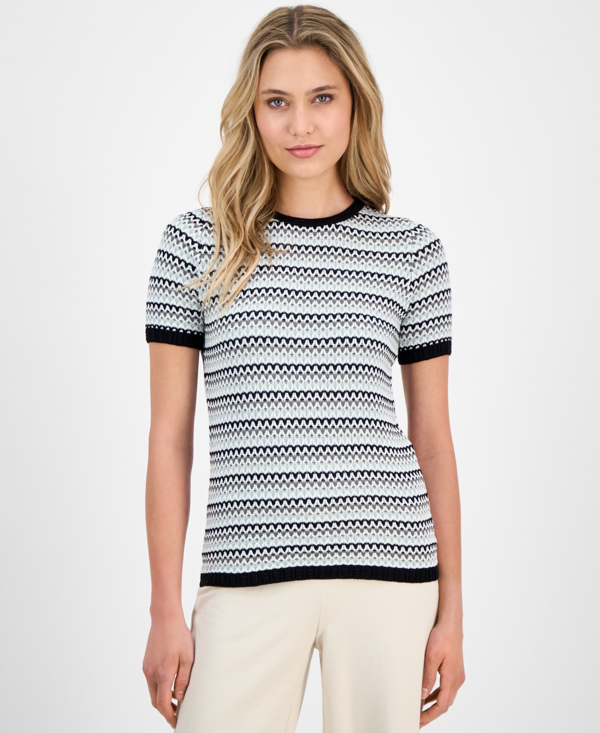 Anne Klein Women's Stripe Stitch Crewneck Top In Eucalyptus Multi