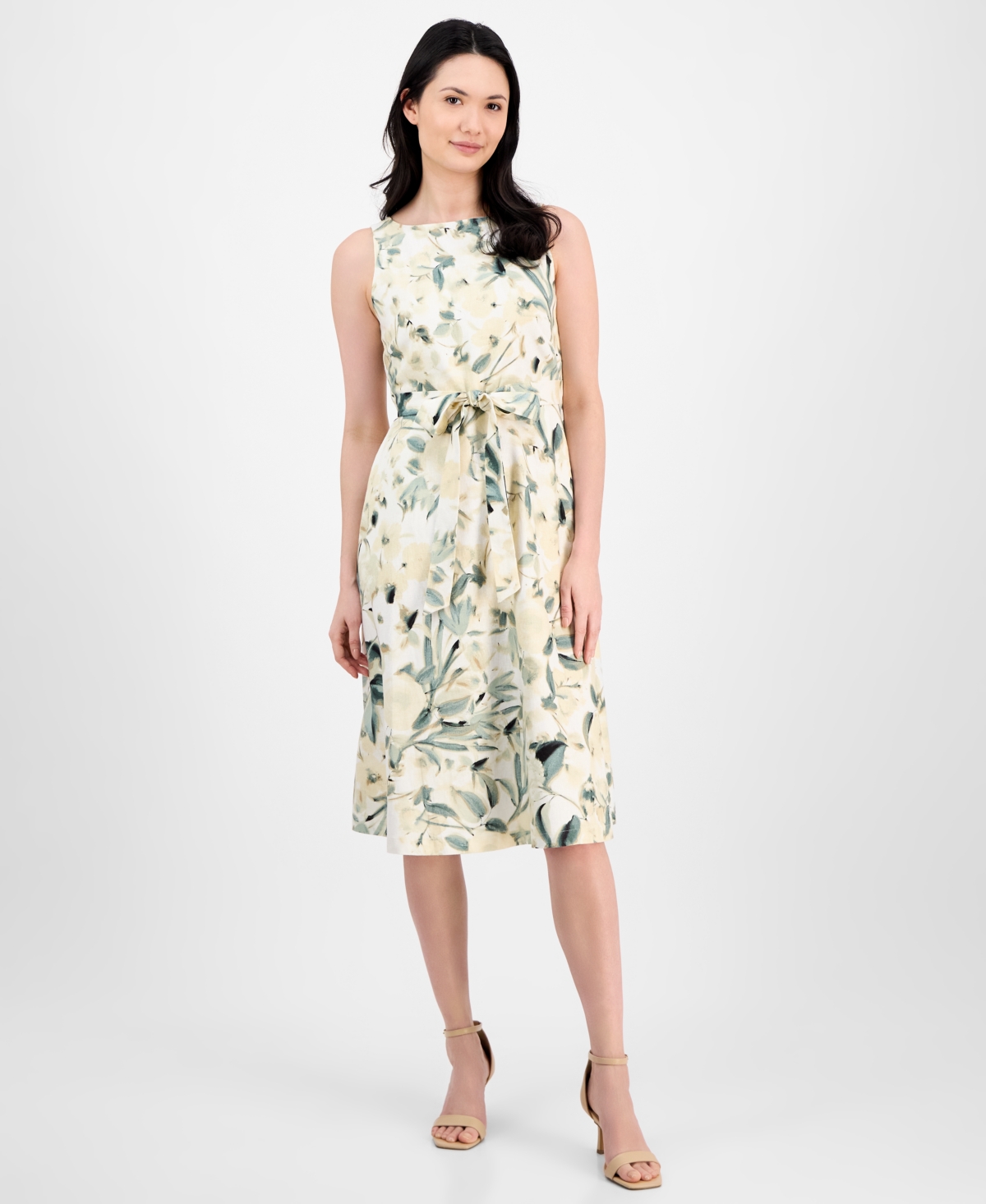 Women's Linen Blend Floral-Print Tie-Waist Sleeveless Dress - White Dove Multi