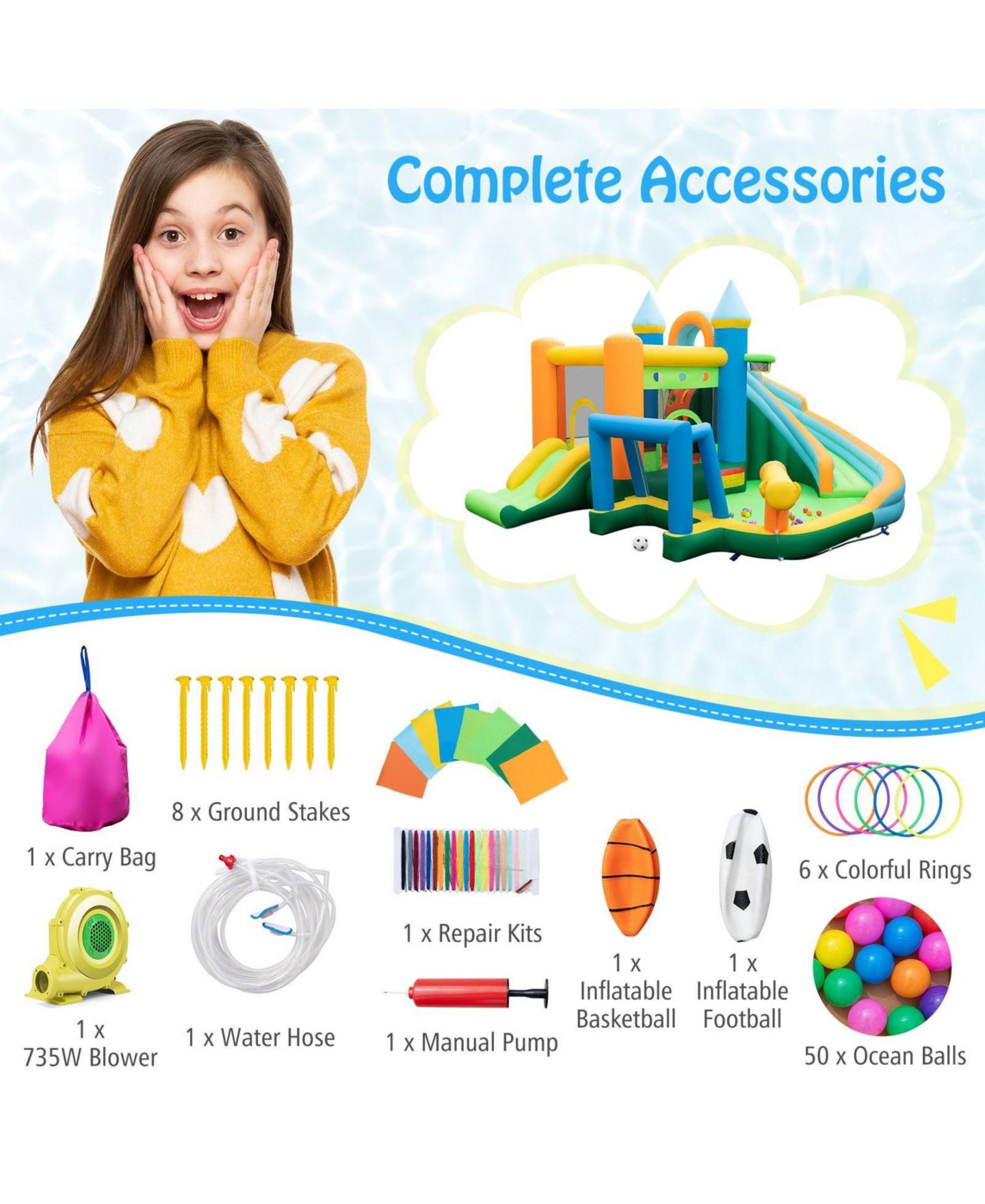 Детские игрушки GOUUN Inflatable Water Slide with Dual Slides and Splash Pool Bounce House with 735W Blower, цвет: Синий — фото 3