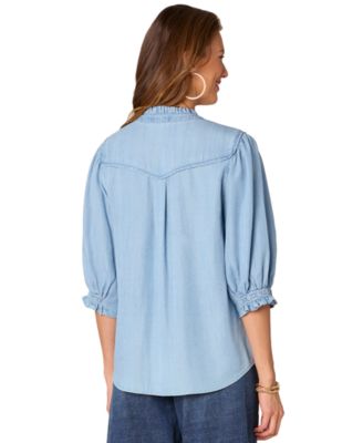 Petite Crochet-Trim Chambray Button-Front Shirt