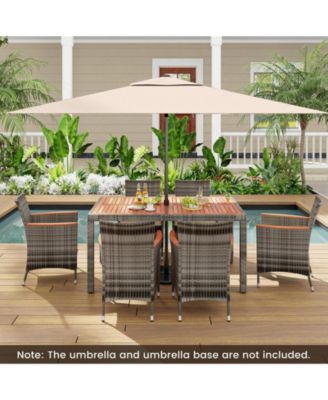7 Pieces Patio Acacia Wood Cushioned PE Rattan Wicker Dining Set