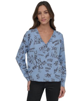 Women's Logo-Pattern V-Neck Long-Sleeve Pullover Sweater