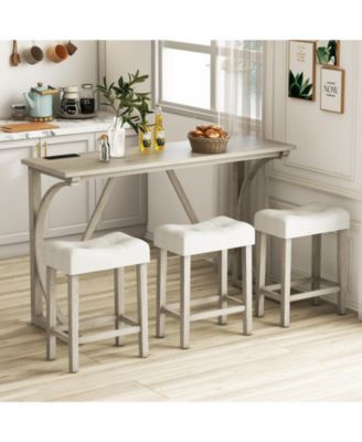 4-Piece Bar Table Set with Power Outlet and Upholstered Saddle Seat Stools