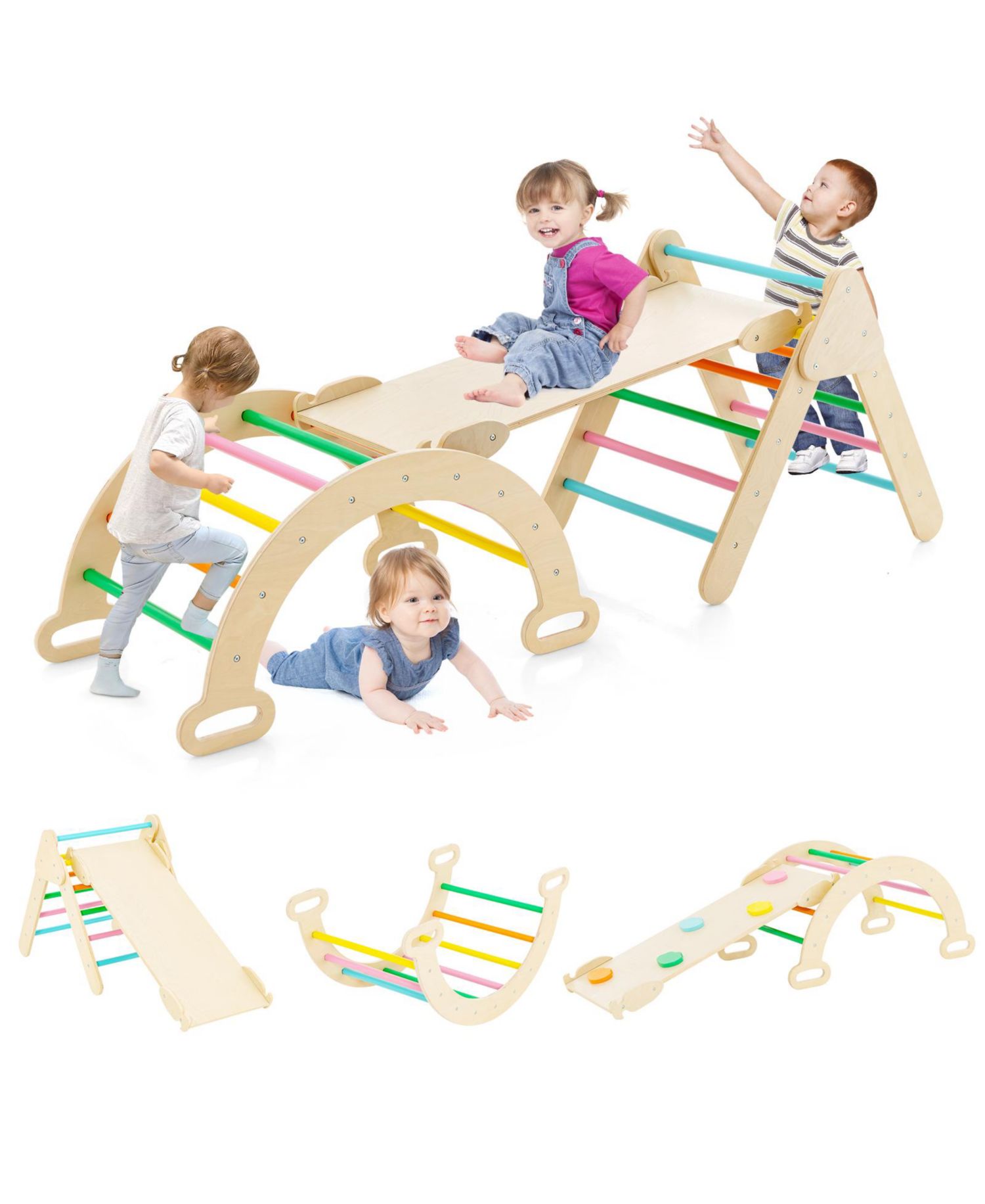 Montessori 2-in-1 Wooden Kids Climber with Triangle, Arch and Ramp