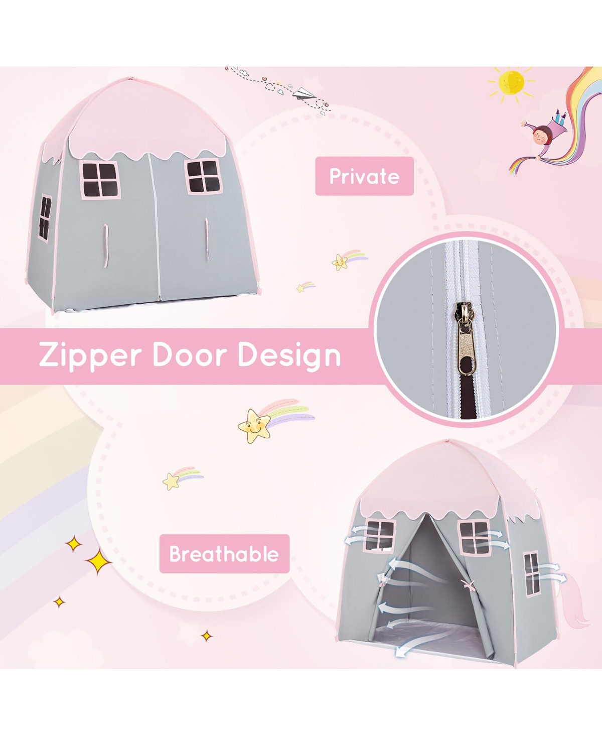 Gymax Kids Play Tent Girls Boys Princess Castle Portable Indoor Outdoor Playhouse - Pink+grey