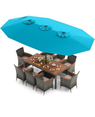 10 Pieces Patio Wicker Dining Set with 15 Feet Double-Sided Patio Umbrella