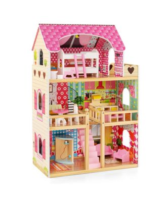 Kids Wooden Dollhouse Toddler DIY Pretend Playhouse w/ 15 Furniture Accessories