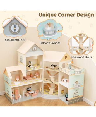 Wooden Corner Dollhouse Playset w/ 41 Pieces of Furniture and Accessories