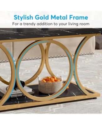 47.24" Modern Coffee Table 2-Tier Faux Marble Wood with Geometric Metal Legs, Stylish & Functional for Living Room Black Friday 2024 Deal