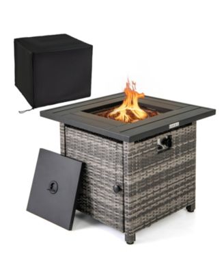 29 Inch Propane Rattan Firepit Table with Lava Rocks and Protective Cover
